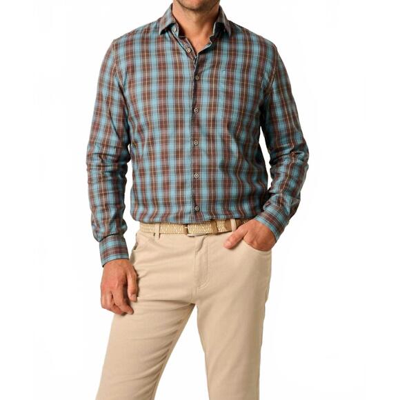 NEW JOHNNIE-O tucked cotton blend button up shirt in tornado